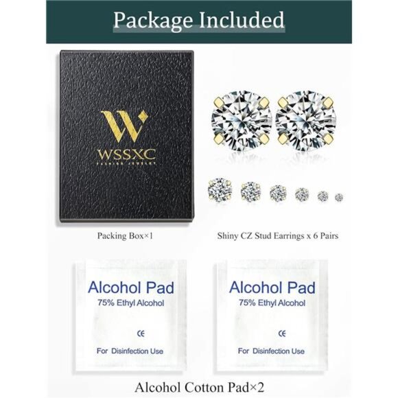 6 Pairs Stud Earrings Set, Hypoallergenic Cubic Zirconia 316L Earrings 316L - Picture 6 of 7